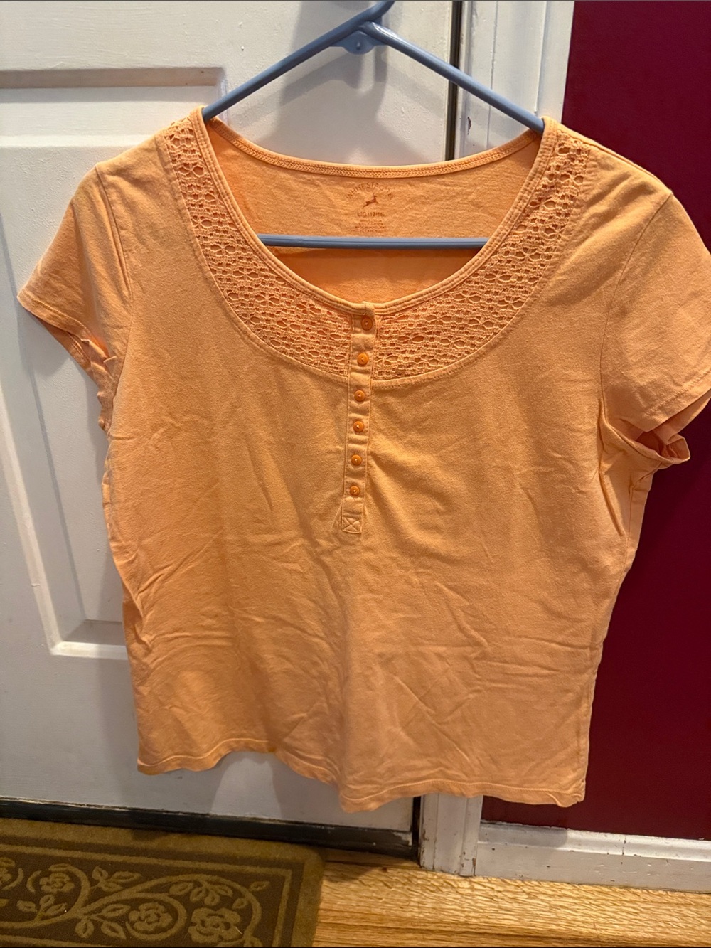 White Stag Peach Short Sleeve Scoop Neck Top with Crochet Yoke